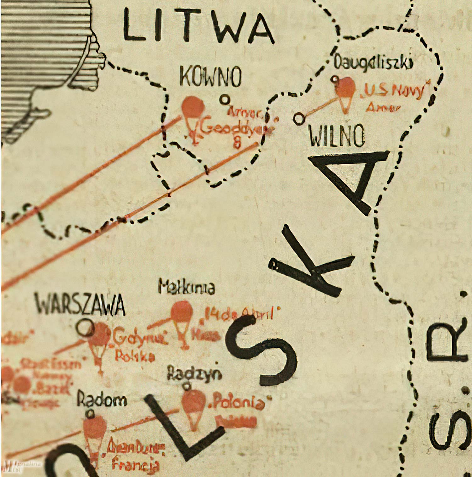 Oreivių nusileidimo vieta Lenkijos kariniame žemėlapyje
